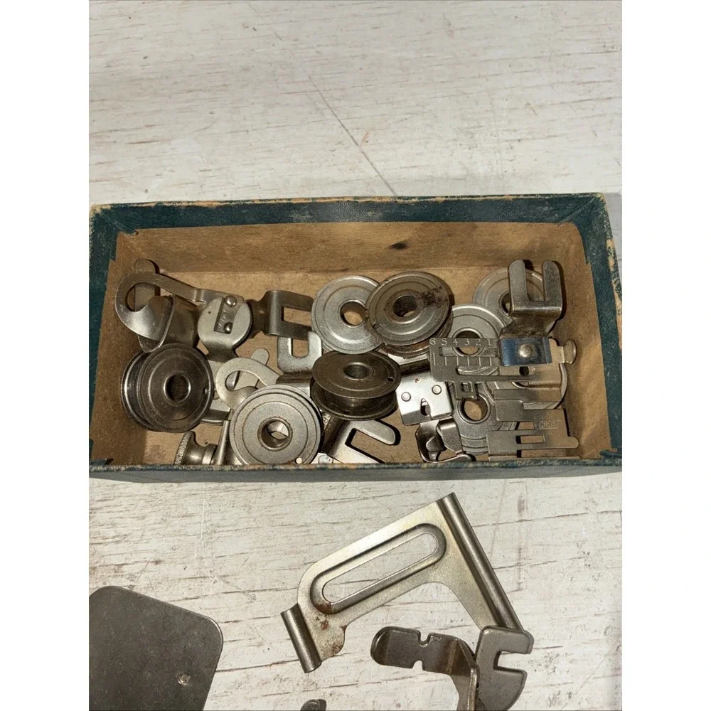vtg sewing machine parts feet bobbins etc Greist